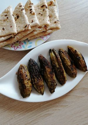 A picture of Besan stuffed karela(bitter gourds).