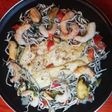 Cazuela de Gallo, con gulas y gambas