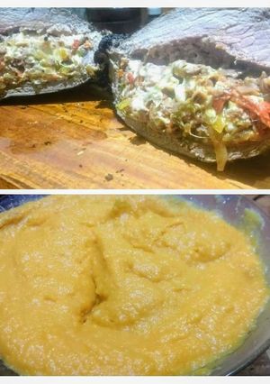 Una foto de Centro de cuadril relleno al trapo, en brasas y puré mixto crema