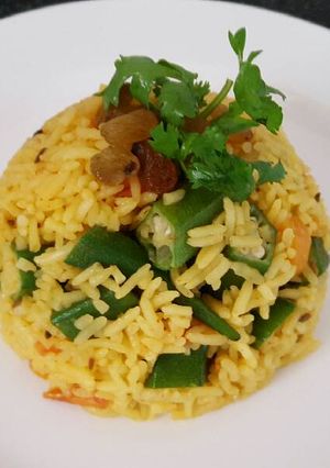 A picture of Okra carrot pulao/turmeric pilaf.