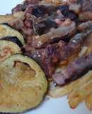 Entrecot amb salsa verduras i bacon amb uberguines
