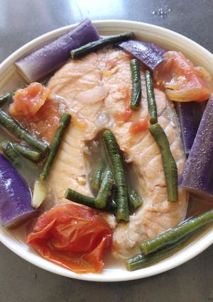A picture of Salmon with Eggplant and String Beans.