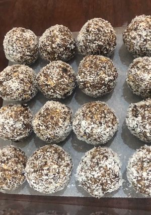 A picture of Date, Cocoa and Coconut Bliss Balls.