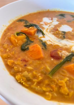 A picture of WFH Lentil, spinach and sweet potato curry.