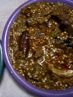 A picture of Garri pie and okro soup.