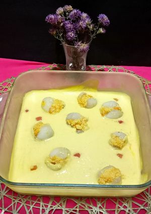 A picture of Mango Cream With Stuffed Lychee Desserts.