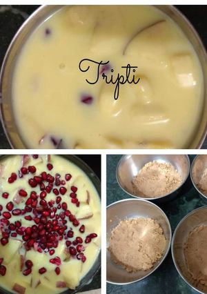 A picture of Fruit Custard with biscuit.