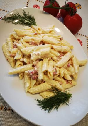 O poză a rețetei Penne cu sos și bacon.