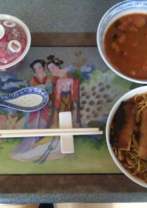A picture of Japanese poach smoke haddock in katsu curry past and teriyaki sauce gekkeikan dry sake fine egg noodles.