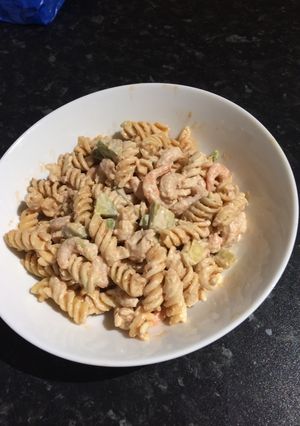 A picture of Prawn, chilli and avocado pasta salad.