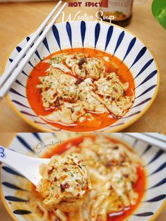 Foto resep Chicken Mushroom Wonton Chili Oil Soup - Hot Spicy Dumplings Jamur Shitake 红油抄手
