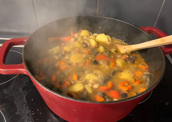 Spanish stew with chorizo and morcilla