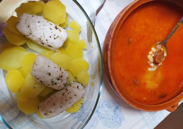 Alubias con chorizo y merluza con patatas #cocinaniveles #2recetasenuna #Thermomix #tm6