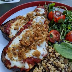 A picture of Aubergines with mozzarella and lemony breadcrumbs.
