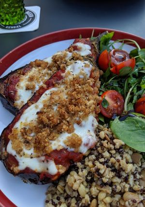 A picture of Aubergines with mozzarella and lemony breadcrumbs.