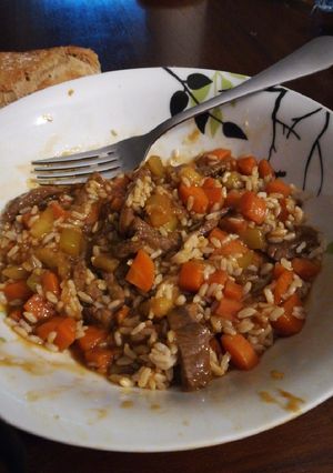 Una foto de Ternera con verduras en salsa de ostras y arroz
