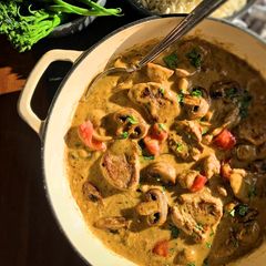 A picture of Pork Medallions in a Mushroom and Sherry creamy sauce.