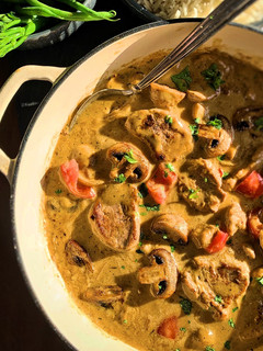 A picture of Pork Medallions in a Mushroom and Sherry creamy sauce.