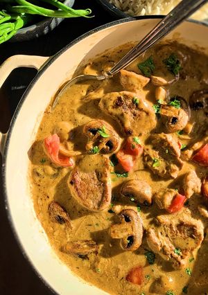 A picture of Pork Medallions in a Mushroom and Sherry creamy sauce.