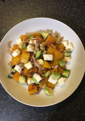 A picture of Roasted butternut and black eye beans salad.