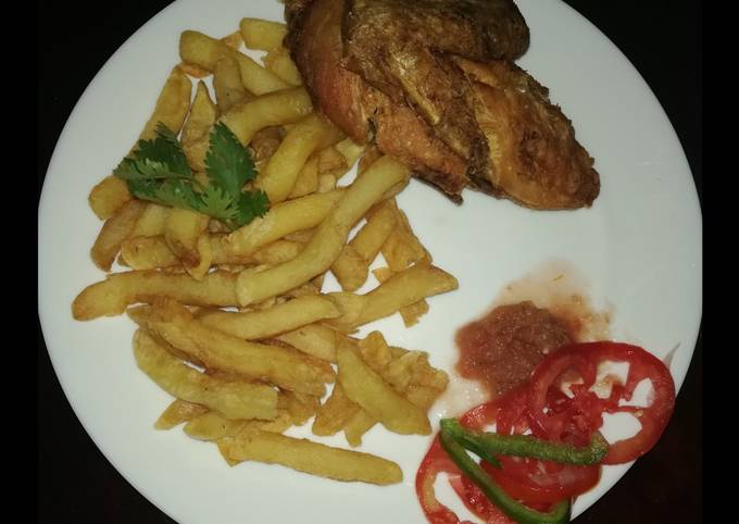 French fries with deep fried hot & tangy chicken