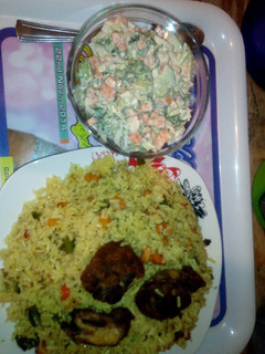 A picture of Fosigns specia Fried rice and Veggie Salad.
