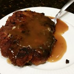 A picture of Brad's bacon breaded pork cutlet with apple cider gravy.