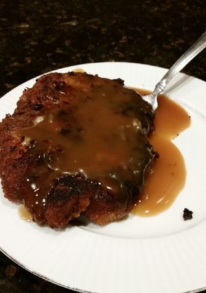 A picture of Brad's bacon breaded pork cutlet with apple cider gravy.