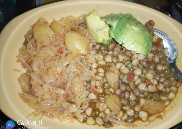 Githeri and steamed cabbage plus avocado