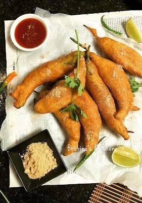 A picture of Egg Stuffed Mirchi Vada (Fusion style).