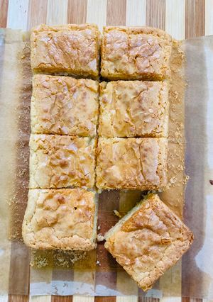 A picture of White chocolate blondies.