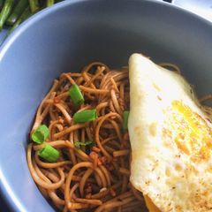 A picture of Sesame Garlic Soba Noodles with Fried Egg.