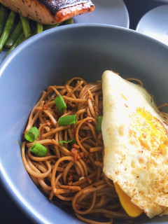 A picture of Sesame Garlic Soba Noodles with Fried Egg.