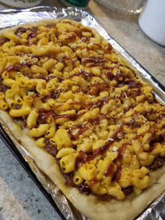 A picture of BBQ "Leftover Sloppy Joe" Mac & Cheese Pizza.