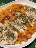 Filets d'églefin aux tomates, poivron jaune et estragon