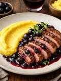 Magret de Pato com Molho de Jabuticaba e Purê de Mandioquinha