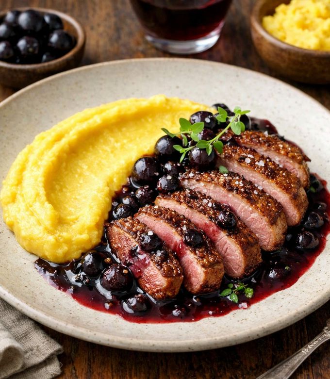 Foto de Magret de Pato com Molho de Jabuticaba e Purê de Mandioquinha