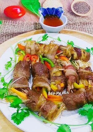 Hình của món Thịt bò ba chỉ Mỹ cuộn rau củ nướng nồi chiên ko dầu.