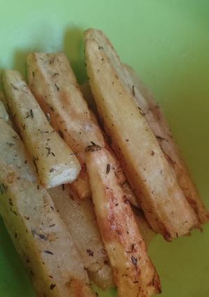 Una foto de Boniatos fritos con zaatar (vegano)