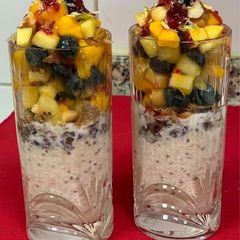 A picture of Overnight Soaked Oats and Soy Milk Parfait With 🥭 🍎 🥝 & black berries.