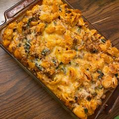 A picture of Easy stuffed shells (pasta bake) spinach mushrooms and ricotta cheese.