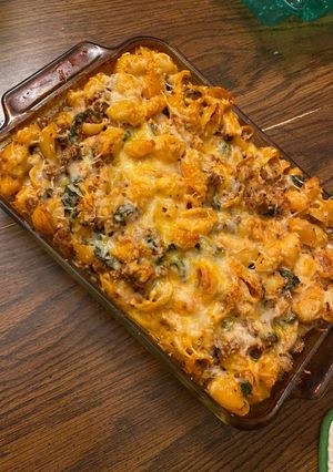 A picture of Easy stuffed shells (pasta bake) spinach mushrooms and ricotta cheese.