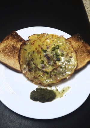 A picture of Besan ka.Pooda with toasted bread.
