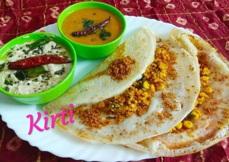 Paneer Corn Dosa with podi, Sambhar and Coconut chutney