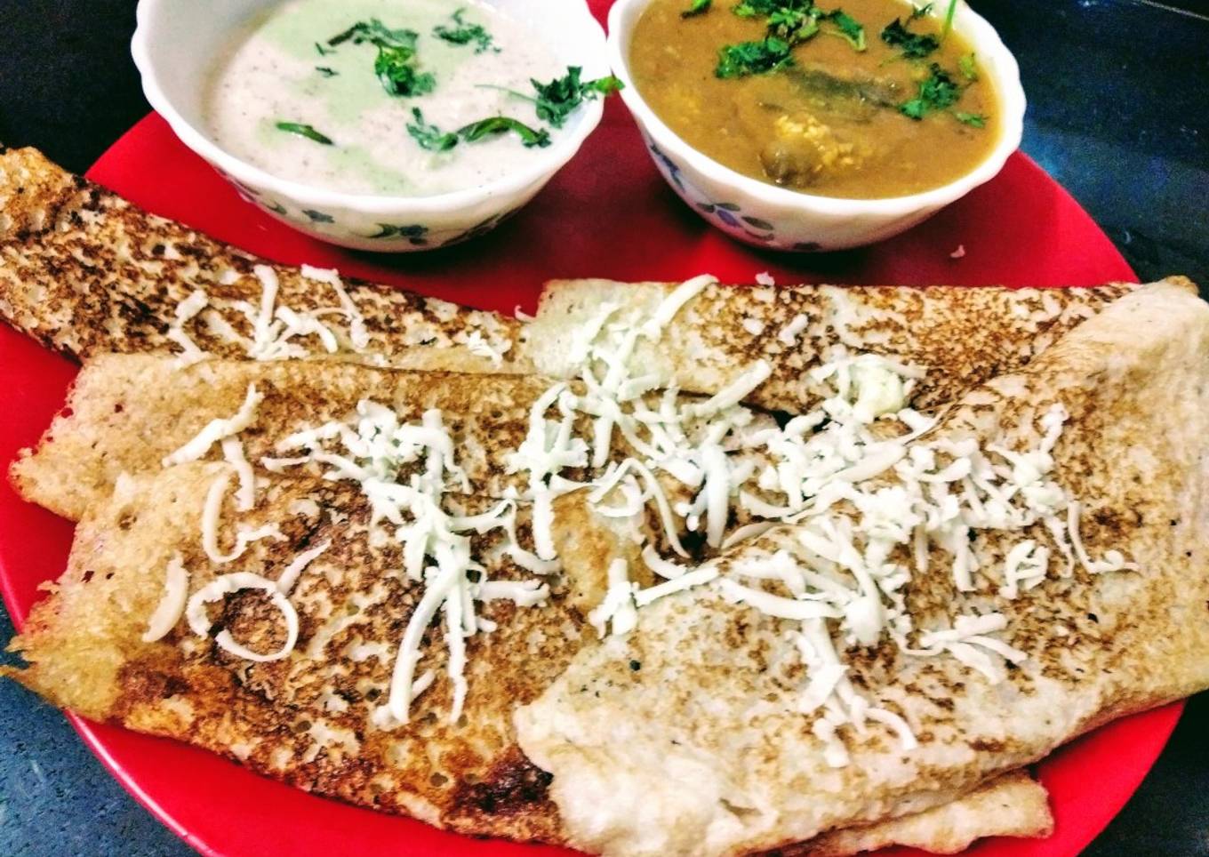 Cheese Dosa with coconut chutney and sambar