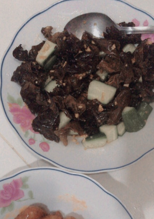 A picture of Black fungus and cucumber salad.