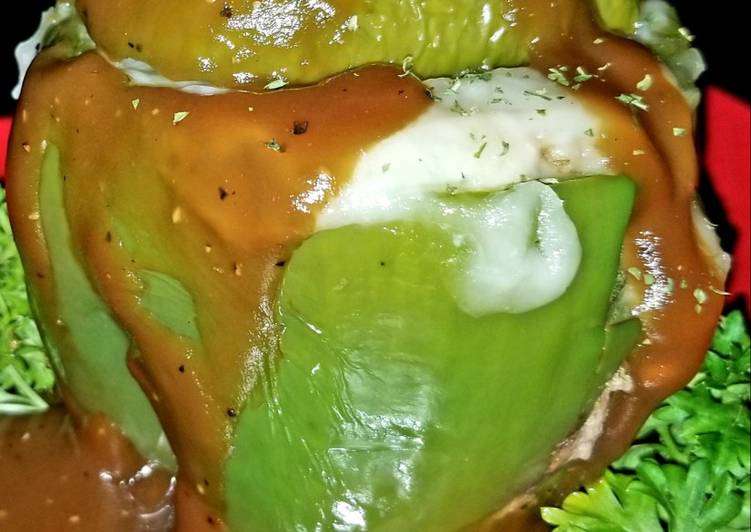 Mike's Stuffed Cheesy Meaty Bell Peppers With Gravy