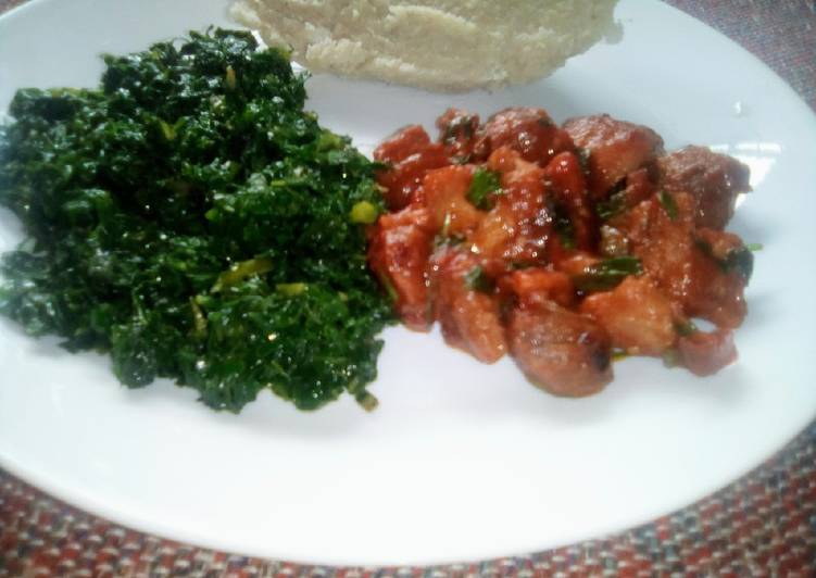 Pan fried kales served with Wet-fried pork.. VegThemechallenge