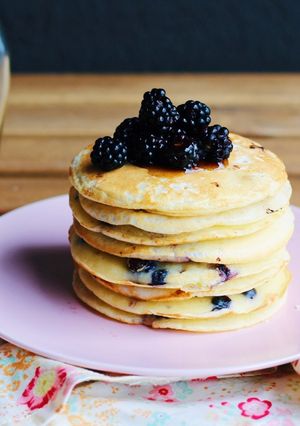 A picture of Pancakes with blueberries.