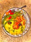 Easy grilled salmon with creamy polenta and veggies